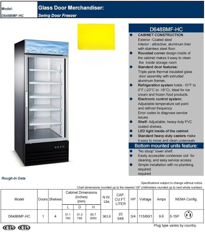 Commercial 1 Glass Door Freezer, ETL Upright Display, 31" W 23 cu.ft. Aluminum Interior, LED Lighting for Shop, Restaurant -10°F~ 0°F