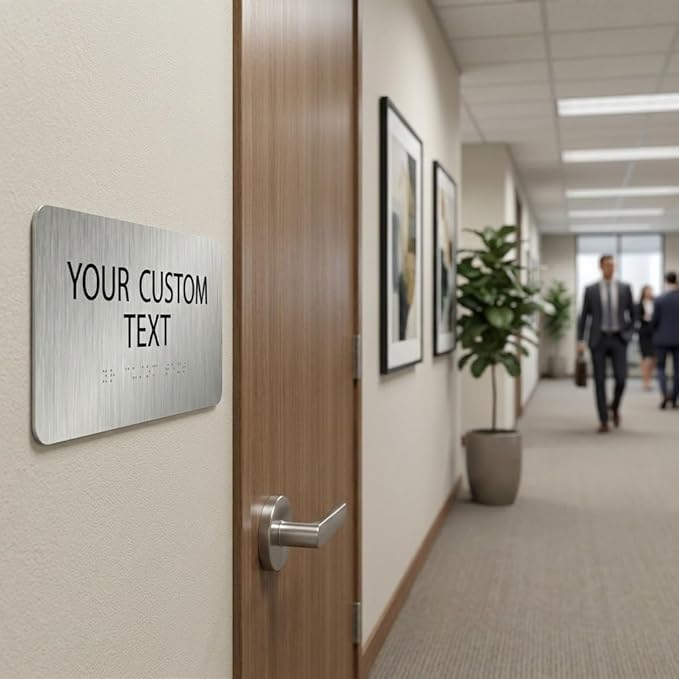 ALPHA DOG ADA SIGNS Custom ADA Braille Room Sign 4x8 Inch - Personalized Office Door Name Plate with Grade 2 Braille - ADA and Title 24 Compliant Signage - Made in USA - Brushed Stainles