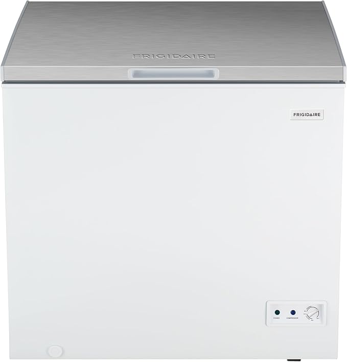 Frigidaire Chest Deep Freezer, 7 Cu. Ft. Capacity, Shiny Stainless Steel Top Lid Design-Adjustable Thermostat-Removable Vinyl Coated Wire Basket-Easy Defrost Drain- Garage Ready