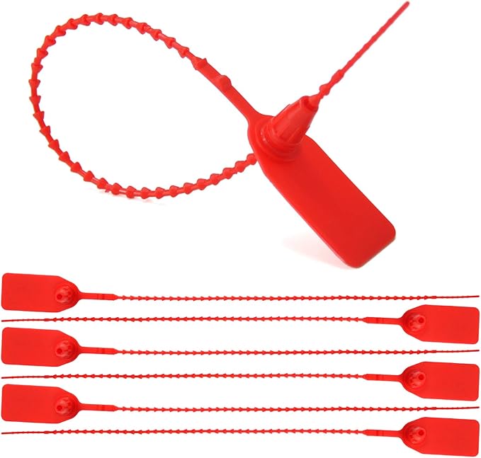 Leadseals(R) 100 Plastic Tamper Seals, Zip Ties for Fire Extinguishers Pull Tite Security Tags Numbered Disposable Self-Locking Tie 250mm Length (Red)