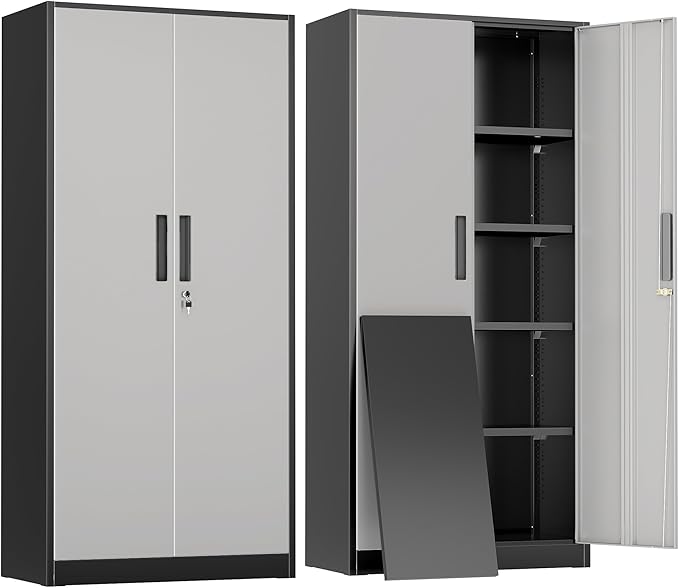 Greenvelly Metal Garage Storage Cabinet with 2 Doors and 4 Adjustable Shelves, 72”H Steel Lockable Storage Cabinet,Tall Metal Cabinet Locking File Cabinet for Office,Home, Garage, Gym, School