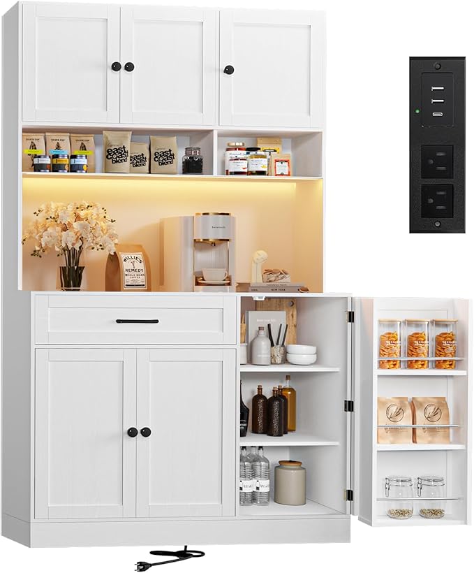 72" Kitchen Pantry Cabinet with LED Light and Charging Station Tall Pantry Storage Cabinet with Adjustable Shelves and Door Shelves Modern Kitchen Hutch with Microwave Stand and Countertop