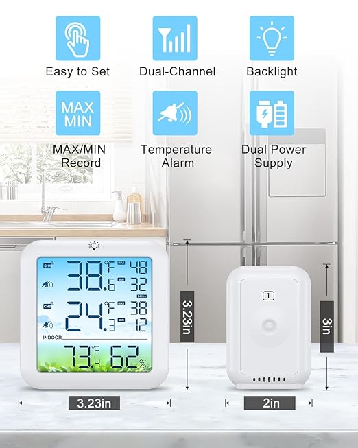 Wireless Fridge and Freezer Thermometer with Alarm, Max/Min Temperature Records Digital Refrigerator Thermometer, 328FT Remote Range, Magnetic & Stand Options for Kitchen Home Restaurant