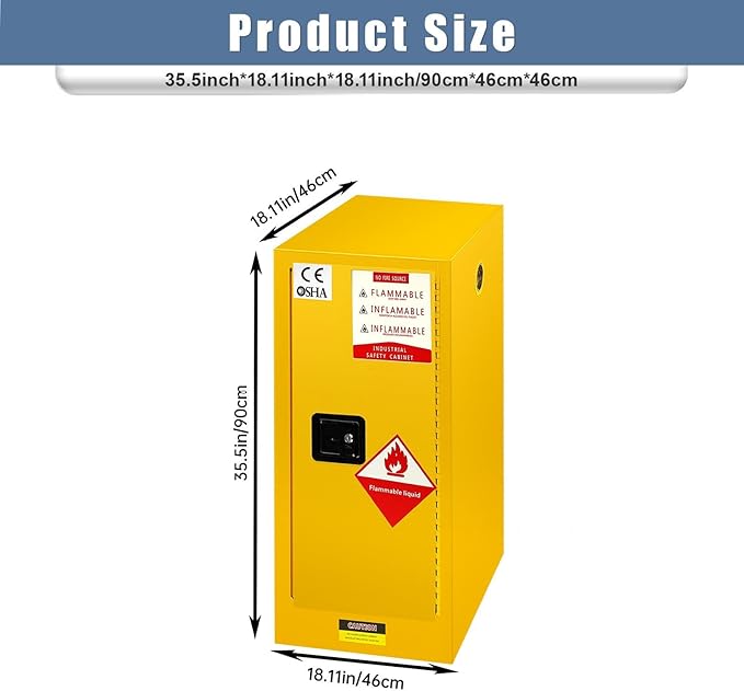 Flammable Storage Cabinet 18" x 18" x 36", 18 Gauge Steel Hazardous Storage Cabinet, Manual Close & Internal/External Vent Design for Home Use, Laboratory, Commercial Use & Industrial Warehouses