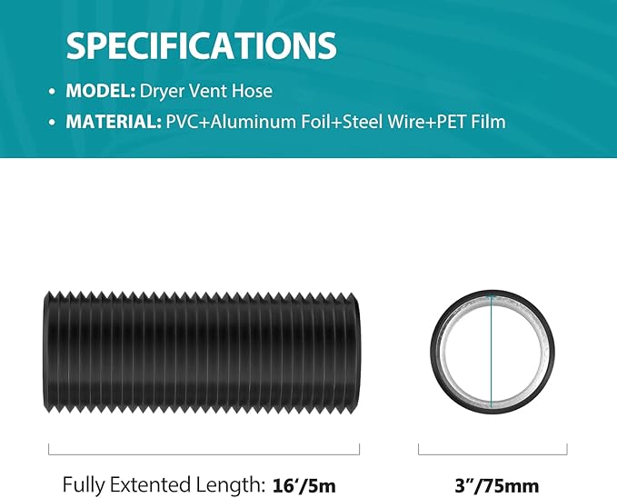 HG Power 3 Inch Air Ducting, 16 Feet Flexible Aluminum Dryer Vent Hose, Three Layer Protection Dryer Hose with 2 Clamps for HVAC Ventilation Heating Cooling Exhaust