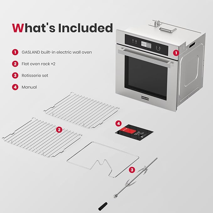 GASLAND 24 Inch Electric Wall Oven, 2.6 Cu.ft Built-in Single Wall Oven, 12 Cooking Functions, 3D Heating, Convection Oven with Rotisserie, Touch Control, Safety Lock, ETL Certified, Stainless Steel