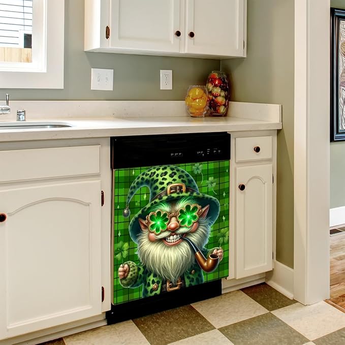 St Patrick Green Funny Gnome Dishwasher Magnet Cover Magnetic Dishwasher Decorative Cover Front Dishwasher Door Covers Reuseable Dishwasher Covers Decal for Kitchen Home Decorative