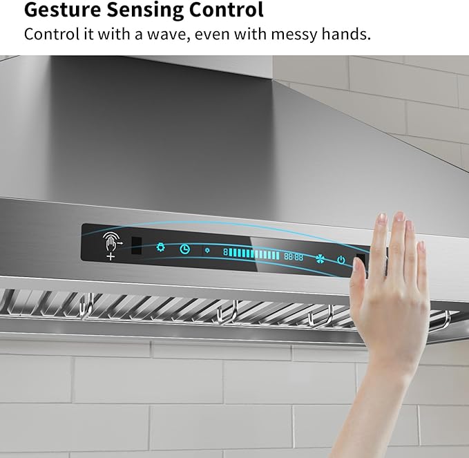 IKTCH 30-Inch Wall Mount Range Hood, 900 CFM, Stainless Steel, Gesture Sensing & Touch Control, 4-Speed Fan, Adjustable LED Lights, Ducted/Ductless Convertible