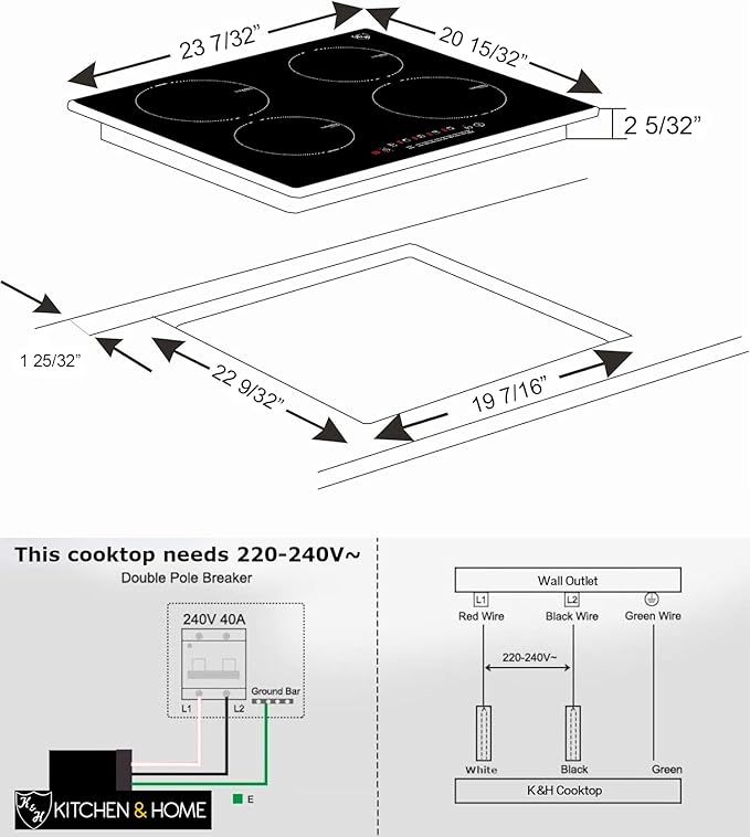 K&H 4 Burner Induction Cooktop - 24 Inch Built-In Electric Cermic Stove Top - 17 Heating Levels, 240V, 6000W High-Power Built-in Electric Stove Top - Child Lock, Timer & Touch Control - IN24-6004