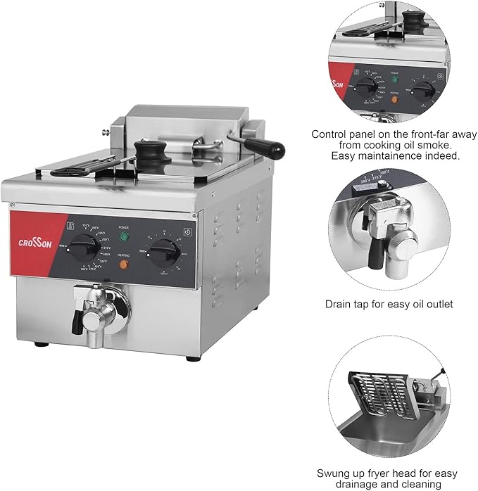 CROSSON 6L Electric Countertop Deep Fryer Extra Large with Drain,Timer,Basket and Lid for Restaurant Use 120V,1800W Commercial Deep Fryers