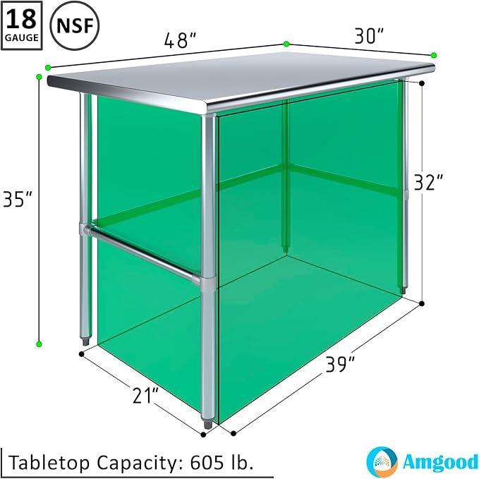 AmGood Stainless Steel Work Table Open Base | NSF Kitchen Island Food Prep | Laundry Garage Utility Bench (48" Long X 30" Deep)