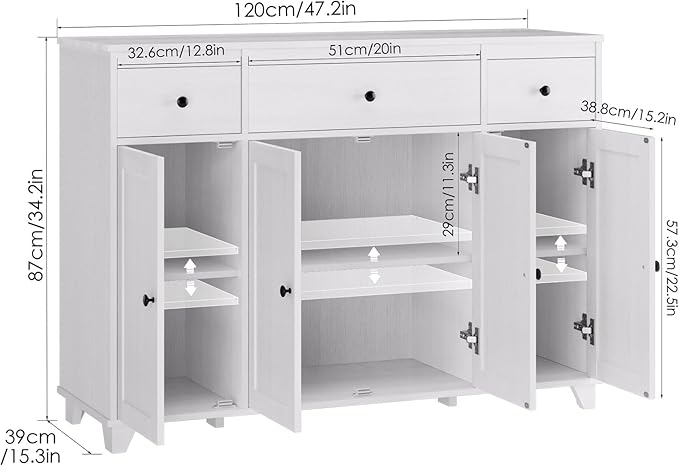 HIFIT Buffet Cabinet White Sideboard Storage Cabinet with 3 Drawers & 4 Doors Adjustable Shelves, 47” Modern Coffee Bar Cabinet, Wood Accent Cabinet for Kitchen Cupboard Dining Living Room