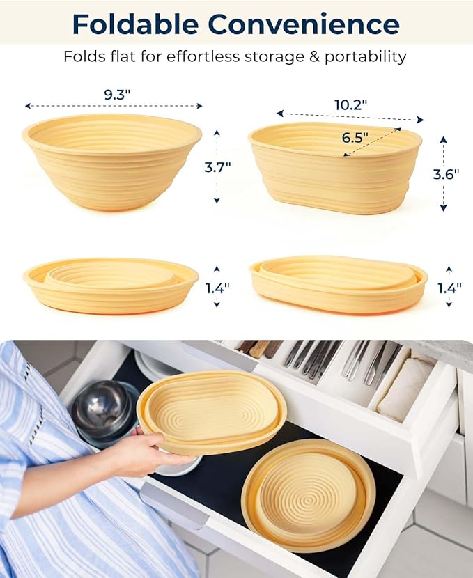 Silicone Banneton Bread Proofing Baskets Set of 2, 9" Round & 10" Oval Foldable Sourdough Proofing Baskets, Silicone Proofing Bowls for Sourdough Bread, Easy to Clean and Store