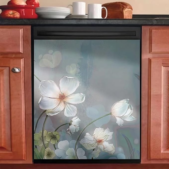 Blooming White Flowers Dishwasher Cover Decorative Magnet, Floral, Rectangular, Vinyl, 23"x17", 1 Count