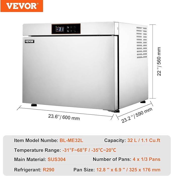 VEVOR 32L Blast Freezer, 4 Trays Commercial Freezers Flash,<-31~68°F> Mini Countertop Shock Frozen for Home, 360° Fan Cooling Batch Freeze, 304 Stainless Steel Blast Chiller for Seafood, Ice Cream