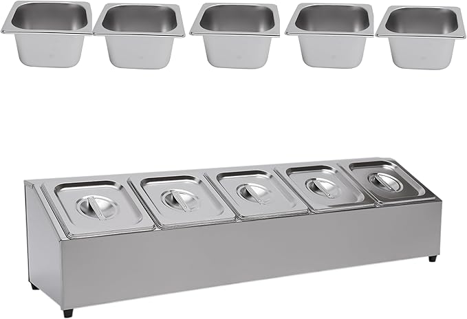 Pizza Toppings Station Storage Condiment Organizer Divider Food Container with 5 Pans & Lids, Stainless Steel Kitchen Condiment Divider Pizza Prep Ingredients Holder, Grill Table Serving Tray