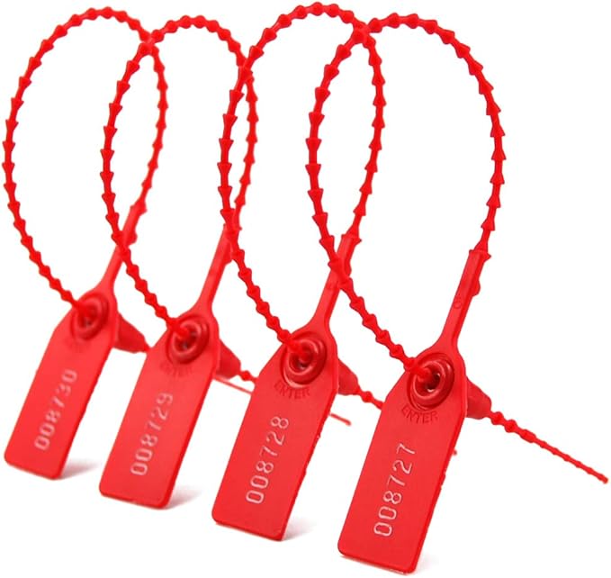 100 Plastic Tamper Seals, Numbered Zip Ties for Fire Extinguisher Pull Tite Security Tags Disposable Self Locking Signage 250mm (Red)