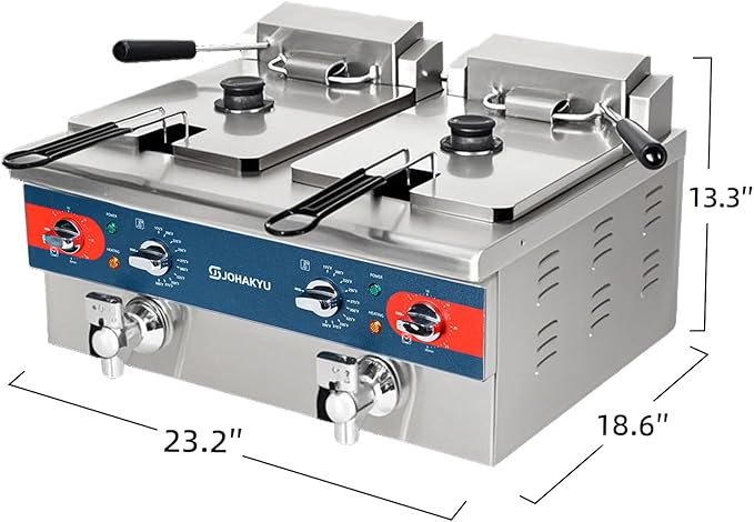 JOHAKYU Commercial Deep Fryer | Timer-Equipped Electric Fryer with Drain Valve & Swing-Up Head | 120V 3600W Stainless Steel Countertop Fryer for Home & Restaurant Use (25.4QT)