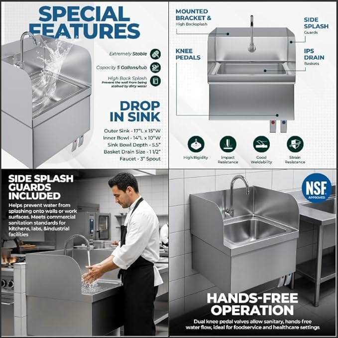 Stainless Steel Hands-Free Wall-Mounted Hand Sink – 17" x 15" with Knee Pedals, Faucet & Side Splash Guards – NSF Certified