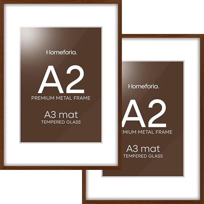 Homeforia A2 Picture Frame Brown, High End Dark Oak 16.5 x 23.4 Wooden Poster Frame Matted to 11.7 x 16.5 Photo, A2 Walnut Wood Frame with Mat A3, 16.5 x 23.5 Frame, Tempered Glass, Wall Kit, Set of 2
