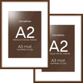 Homeforia A2 Picture Frame Brown, High End Dark Oak 16.5 x 23.4 Wooden Poster Frame Matted to 11.7 x 16.5 Photo, A2 Walnut Wood Frame with Mat A3, 16.5 x 23.5 Frame, Tempered Glass, Wall Kit, Set of 2
