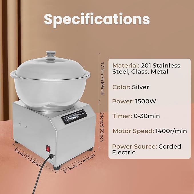 Commercial Dough Maker 17.64LBS/8KG, 1500W Electric Spiral Timer Kneader Double Rotating Flour Mixer Stainless Steel Doughs Mixer Kneading Machine with Face-up Touch Panel for Restaurant Bakery Home