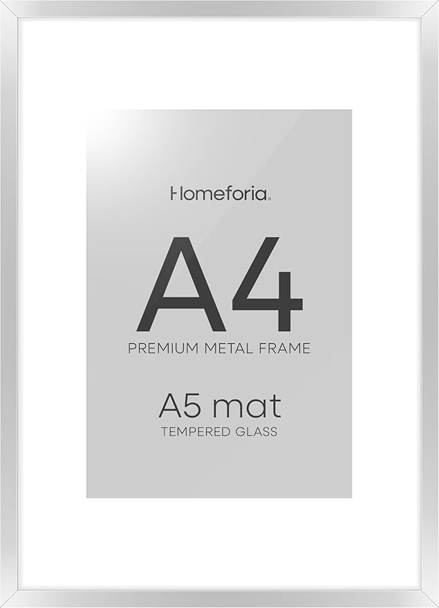 Homeforia A4 Picture Frame Silver, High End Metal 8.3 x 11.7 inch Silver Poster Frames with Mat 5.8 by 8.3 Art, A4 Frame Matted to A5 Photo, 8.3x11.7 Wall or Tabletop Frames, Tempered Glass, Set of 1