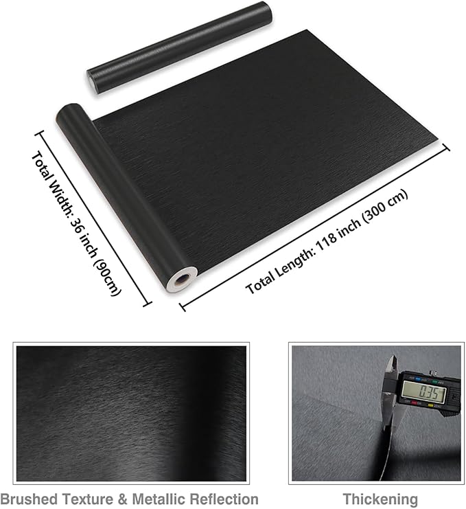 CRE8TIVE Wide 36"x118" Black Stainless Steel Contact Paper for Kitchen Wallpaper Peel and Stick Black Contact Paper Waterproof Adhesive Brushed Metallic Wallpaper for Appliances Backsplash Furniture