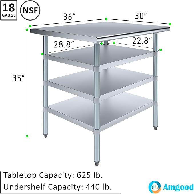 30 in. x 36 in. Stainless Steel Work Table with Three Bottom Shelves | NSF Kitchen Prep Table | Utitly Metal Table