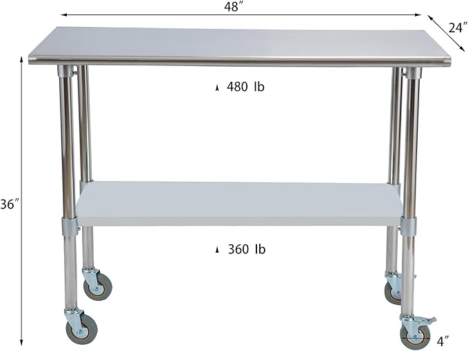 Stainless Steel Work Table 48“L x24 D, NSF Commercial Food Prep Worktable with Adjustable Undershelf and Casters for Restaurant, Home and Outdoors (48“L x24 D)