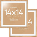 Homeforia Wood Square Frame 14x14, High End Natural Oak 14 x 14 Light Wooden Picture Frames with Mat 12 by 12 inch Photo, 14by14 Poster Frames Matted to 12x12 Print, Tempered Glass, Wall Kit, Set of 2