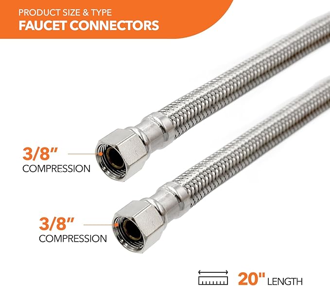 Stainless Steel Braided Water Connectors with Reinforced PVC Inner Hose for Faucets, 3/8" Compression x 3/8" Compression, 20" Length (2Pack)