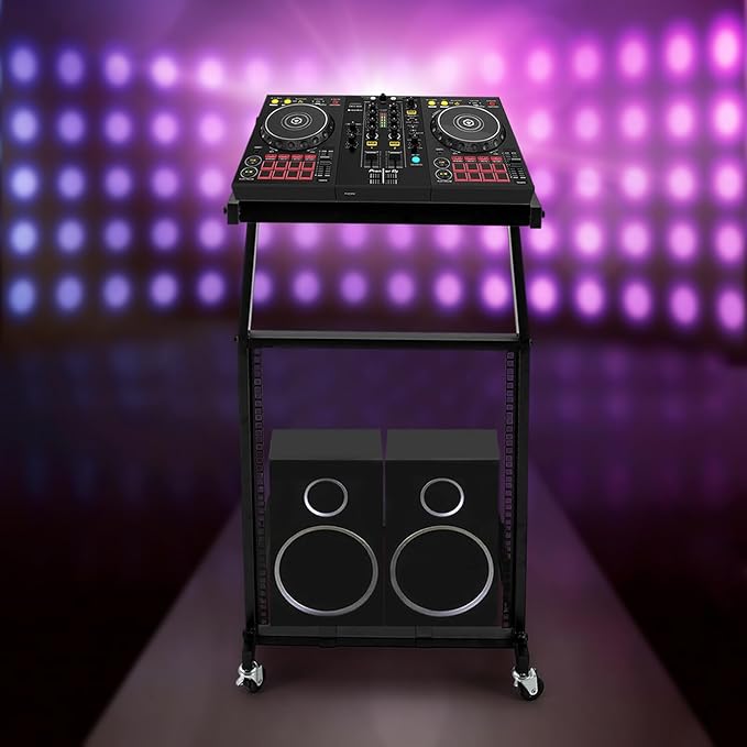 DJ Mixer Stand, 2-Layer Audio Device Rack with 4 Wheels, Audio Studio Mixer Stand for Homes Offices Stage Concert Studio Equipment Rolling Stage Cart (12U)