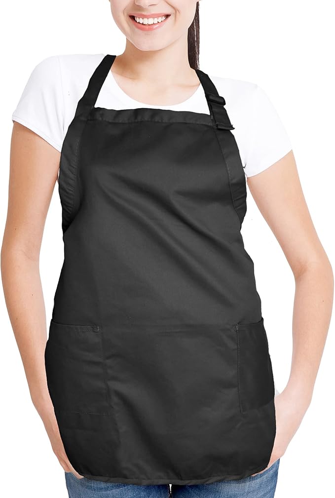 DALIX Apron Commercial Restaurant Home Bib Spun Poly Cotton Kitchen Aprons (2 Pockets) in Black 12 Pack