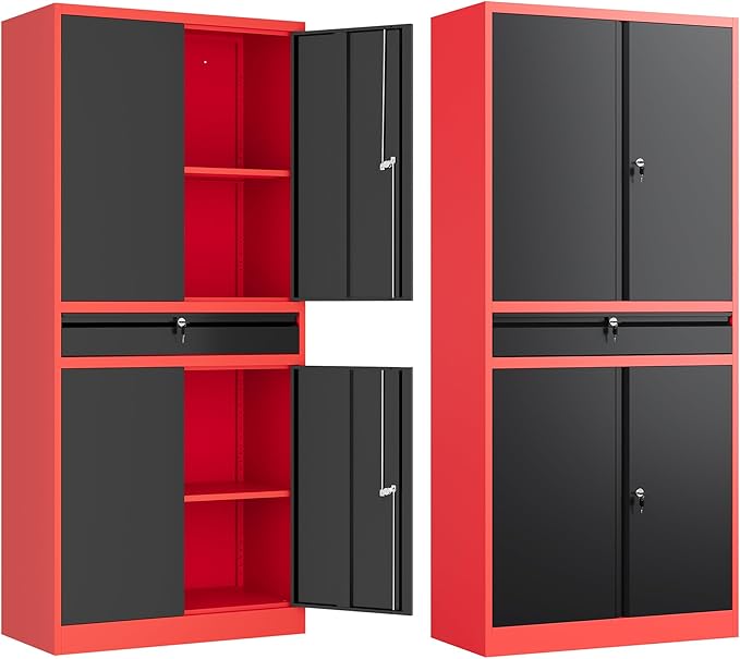 Letaya Metal Garage Storage Cabinet with Drawer,4 Door Tool Cabinet with Adjustable Shelves for Garage Home Office Utility Room (Red)