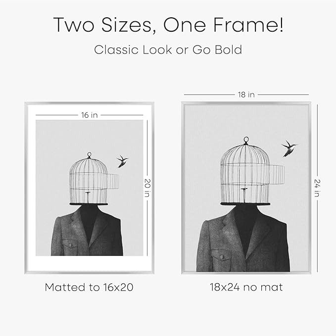 Homeforia 18x24 Poster Frame Silver, High End Metal 18 x 24 Picture Frames with Mat 16 x 20 for Photo, 18x24 Silver Frame Matted to 16x20 Print, 24x18 Hanging Frame, Tempered Glass, Wall Kit, Set of 1