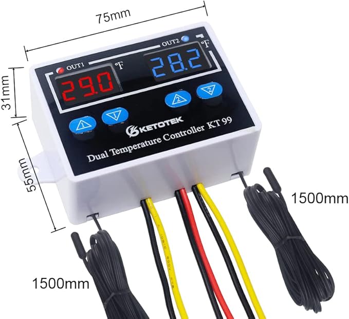 KETOTEK Digital Dual Temperature Controller 120V Fahrenheit Thermostat 10A with 2 1.5m Waterproof Probes, Heating Cooling Temperature Control Switch Refrigerator Fan Heater