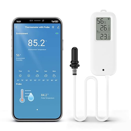 eMylo WiFi Refrigerator Thermometer Hygrometer Sensor, Wireless Freezer Temperature Humidity Monitor with App Alert, Free Data Storage Export, Dual Detection for Home Kitchen Fridge Aquarium Tub
