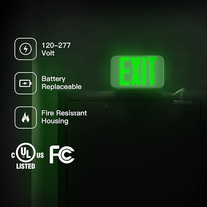 FREELICHT Green LED Exit Sign with Battery Backup，Exit Sign for Business，Easy to Install，UL Certified，AC 120/277V，Pack of 6