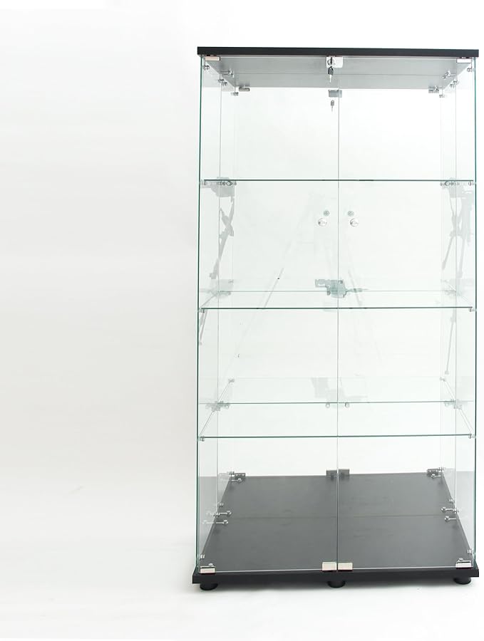 Glass Display Cabinet with LED Light Strip & Mirror Back Panel, 4 Shelves with 2 Doors, Curio Storage Cabinets with Lock for Living Room, Office, Floor Standing Glass Bookshelf - Black