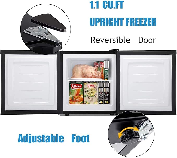 Antarctic Star Upright Freezer 1.1 Cu.ft, Compact Mini Freezer with Reversible Single Door, Temperature Control, Removable Shelves, Small freezer Stainless Steel for Home, Silver