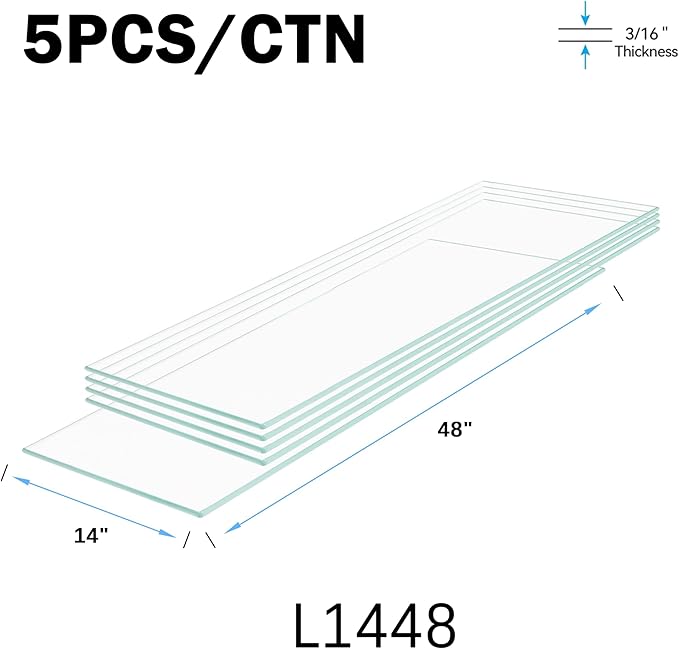 Floating Shelves - Pack of 5 Tempered Glass Shelves, 14" W x 48" L, 3/16" Thick, Polished Edges-– Rectangular Replacement Shelves for Cabinets, Display Cases & Retail Fixtures