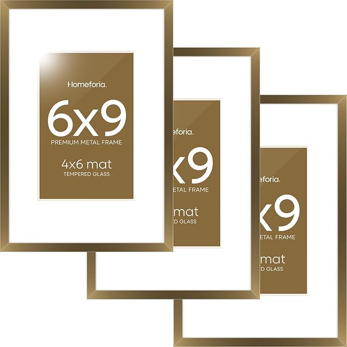 Homeforia 6x9 Picture Frame Bronze, High End Metal 6 x 9 Brass Frames with Mat 4 x 6 for Art, 6x9 Desk Frame Matted to 4x6 inch Photo, 6 by 9 Wall or Tabletop Frame, Tempered Glass, Wall Kit, Set of 3