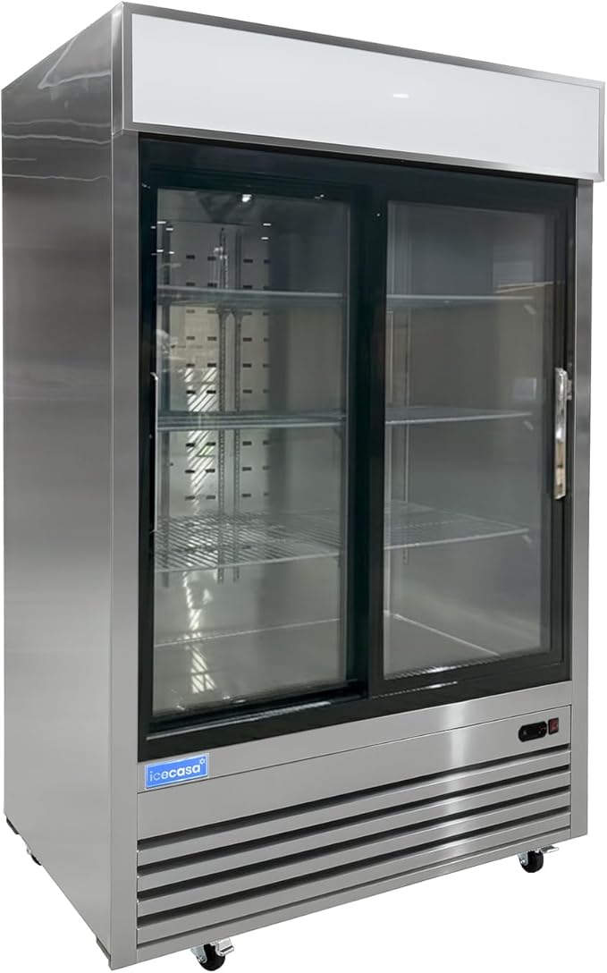 ICECASA 54" W Merchandiser Commercial Display Refrigerator Double Glass Door Reach-in 49 Cu.ft Stainless Steel Display Refrigerator Fan Cooling for Restuarant, Bar, Shop, etc