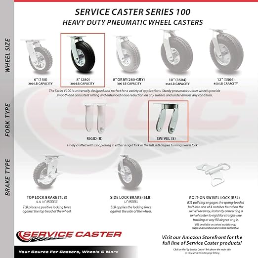 Service Caster Brand Replacement Caster for Uline Caster H-3328BL-S - Swivel Top Plate Caster with 8 Inch Pneumatic Wheel - Heavy Duty Replacement - Fits Platform Trucks and Utility Carts H-2505