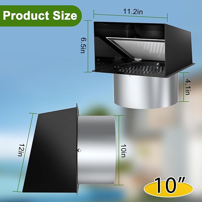 10 Inch Hooded Wall Vent, Dryer Wall Vent Cover Outside with Screen & Damper, Hooded Wall Exhaust Vent Cover, Outdoor Air Vent Cap for Range Hoods/Kitchen/Bathroom/Laundry/Basements/Garages, Black