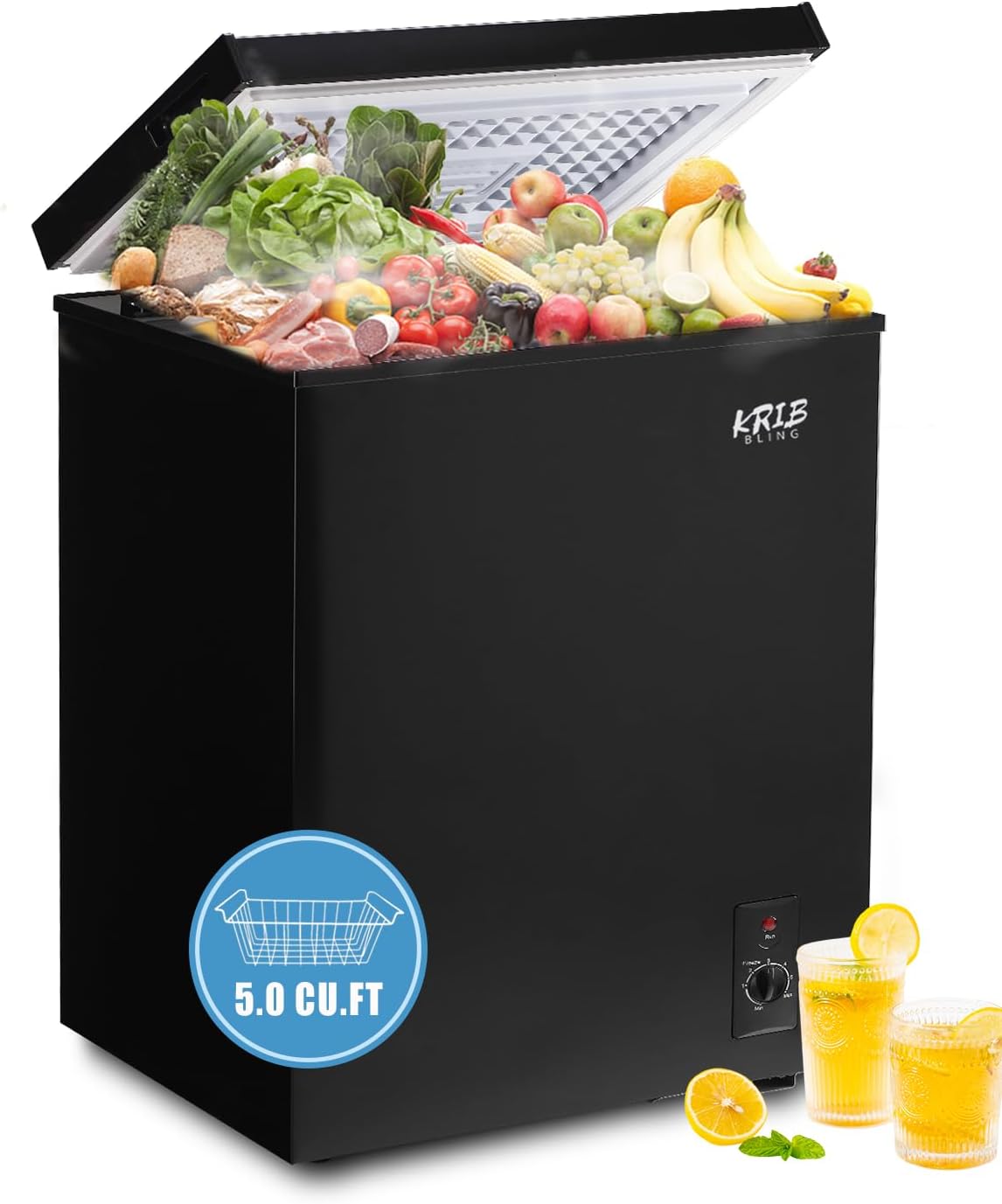 5.0 Cu.Ft Chest Freezer with 7 Gears Temperature Control (-16F to -48F), Deep Freezer with a Removable Basket, for House, Kitchen, Garage, Basement, Shop, Black