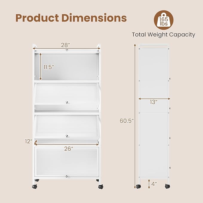 Giantex 5-Tier Kitchen Storage Cabinet, 60" H Mobile Microwave Stand with Flip-up PC Doors, Freestanding Kitchen Bakers Rack with 4 Rolling Casters, for Dining Room, Living Room and Study (White)