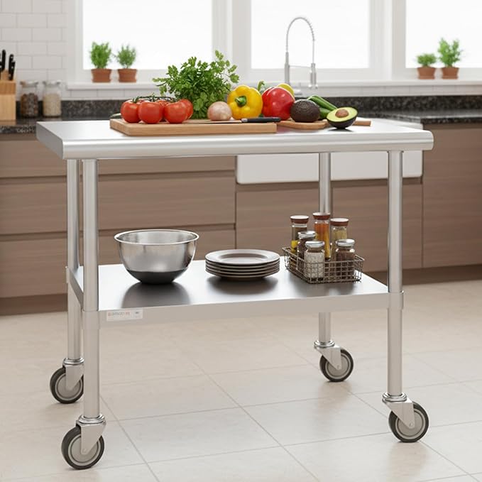 STABLEINK Stainless Steel Table with Wheels 24 x 36 Inches, NSF Commercial Prep & Workbench with Adjustable Undershelf and Casters, for Commercial Kitchen, Restaurant, Hotel, Laundry and Garage
