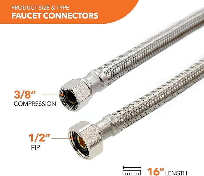 Stainless Steel Braided Water Connectors with Reinforced PVC Inner Hose for Faucets, 3/8" Compression x 1/2" FIP, 16" Lenthg (2Pack)